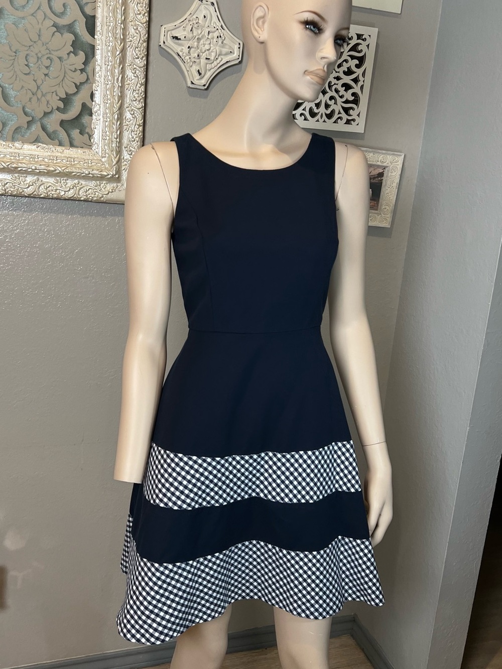 Tommy Hilfiger Navy Sleeveless Fit & Flare Dress with Gingham Trim